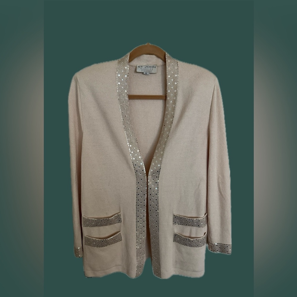 St. John Collection Cream 3 pcs Sequin-Trim Open Front Cardigan